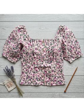 Color Block Smocked Floral Top Pink Purple Green Small NWT